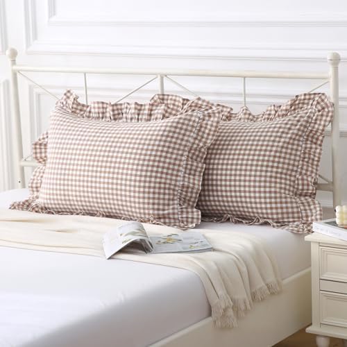 Silnuo Taupe/White Gingham Plaid Ruffled Pillow Covers King Size Set of 2 - Image 2