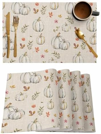 Thanksgiving Placemats Set of 6, Grey Pumpkin Leaves Fall Harvest Burlap Placemats for Dining Table Place Mats for Kitchen Table Waterproof Table Mats, Wipeable Dining Table Set by Unknown