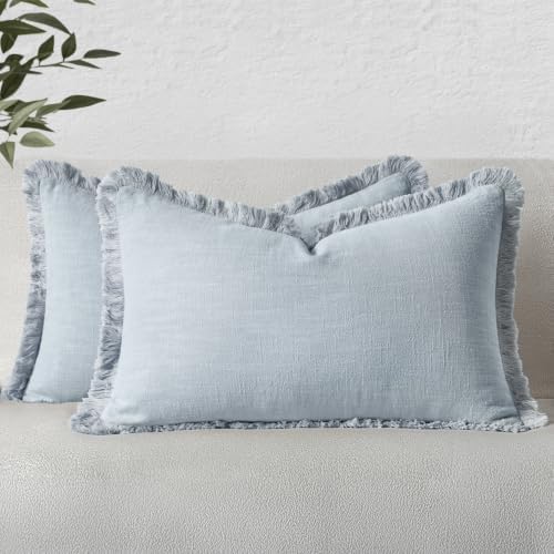 MIULEE Linen Fringe Decorative Lumbar Throw Pillow Covers Sky Blue 12x20 by MIULEE
