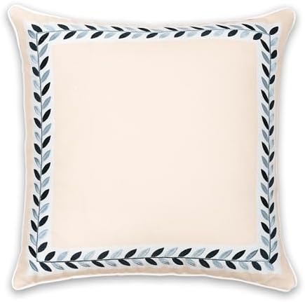Hofdeco Premium Coastal Patio Indoor Outdoor Throw Pillow Cover Only, 20"x20" Water Repellent for Backyard, Couch, Neutral Tan Embroidered Frame Leafs with Piping - Image 6