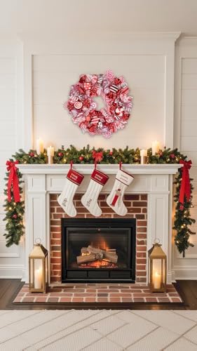 20" Christmas Wreath with Candy Canes, Red & Pink Bow for Front Door Decor - Image 5