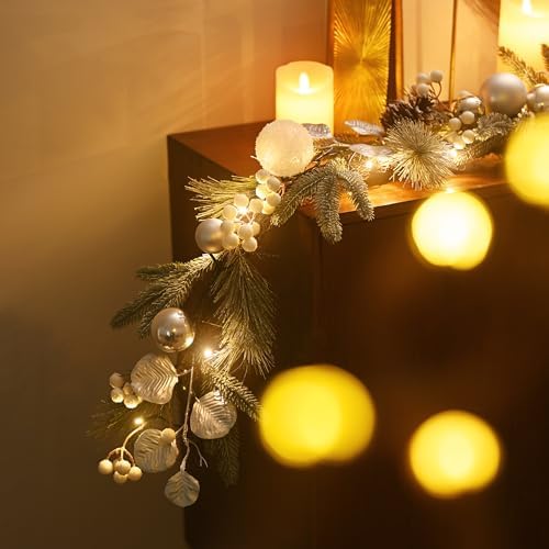 Valery Madelyn 6 Ft Christmas Garland with Lights for Mantle Silvery White - Image 4