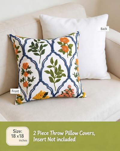 Alysheer Floral Embroidered Throw Pillow Cover 18"x18", 2pcs Orange Blue - Image 4