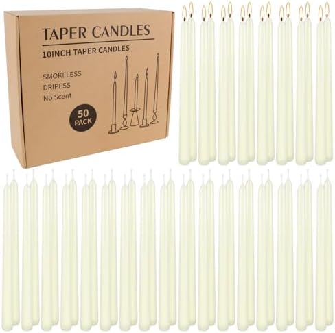 WPONSZU 50 Pack Ivory Taper Candles, 7-8 Hours Burn Time, Unscented, Smokeless and Dripless, 4/5 x 10 Inch for Christmas,Household,Dinner,Wedding,Valentine's Day,Party and Home Décor Candlesticks by WPONSZU