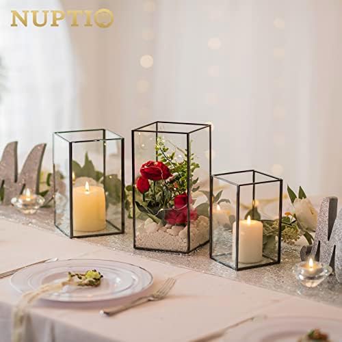 Nuptio Glass Hurricane Candle Holder for Pillar Candles 3 Pcs Black Metal Candle Holders Large Rectangular Candleholder Vase Centerpieces Decoration for Halloween Christmas Party 9.5 & 8.1 & 6.5 inch - Image 2