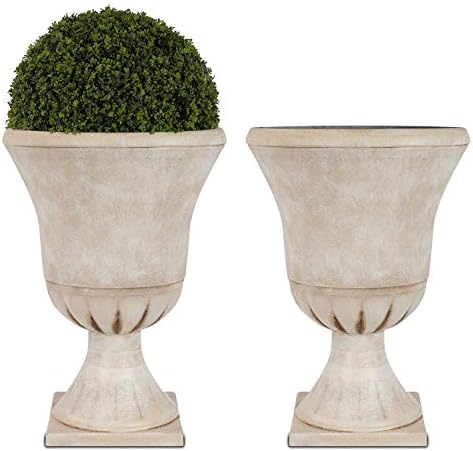 Worth Garden Plastic Urn Planters for Outdoor Plants, Tree 22'' Tall 2 Pack Round Classic Resin Flower Pots Indoor Beige Traditional Front Porch 15 in Dia. Large Imitation Stone Decorative Patio Deck by WORTH