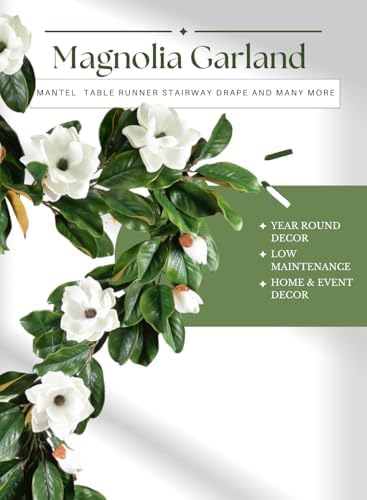 Serene Spaces Living Artificial Magnolia Leaf Garland and Wreath, Ideal to Hang at Wedding, Store Display, Window Sill, Fall Decor, Holiday Décor (72" Magnolia Garland with White Blooms - 1pc) - Image 6