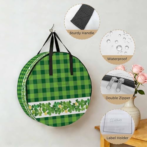 24 Inch Round Storage Bag 1 Pack,Irish Lucky Shamrock Threeleaf Grass Waterproof Wreath Storage Container with Handles&Zipper Green Buffalo Plaid Closet Organizer Bags Garland Box - Image 5