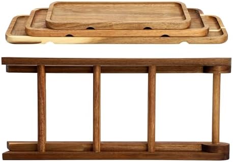 Elama Acacia Wood 3 Tiered Rectangular Ladder Tray Serving Set, Cupcake Tray, Serveware Set, Decorative - Image 5