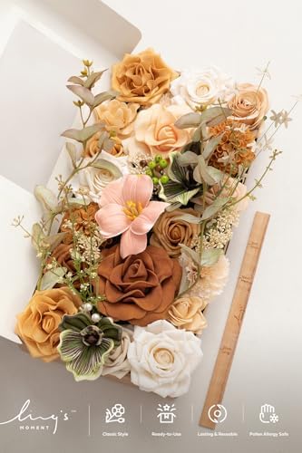 Ling's moment Fake Flowers Box, Faux Artificial Greenery Stems Foam Roses Dahlia Gardenia Tulip Silk Carnation Fabic Flower for Centerpieces Bouquet Wedding Vase, Apricot & Peach, Deluxe Combo - Image 5
