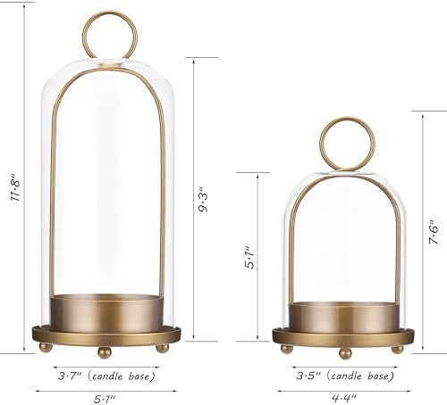 Hurricane Candle Holders Set of 2, 5" & 4" Metal and Glass Candle Lantern with Clear Dome for Pillar Candle, Wedding & Christmas Table Centerpiece, Farmhouse Home Decor (Brass, Large & Small) - Image 3