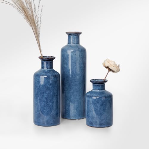 Ceramic Vase Set of 3, Deep Blue Glazed Bud Vases for Home Decor, Modern Farmhouse Decorative Blue Vases for Flowers, Table Centerpiece Set for Dining Room Living Room Kitchen Shelf Mantel - Image 6