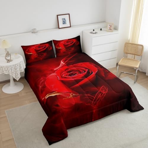 Erosebridal Red Rose Floral Bedding Set Full Size,Romantic Flowers Down Comforter for Girls Valentine's Day Gift,3D Digital Printed Duvet Set 3Pcs Soft Bedding Comforter Sets with 2 Pillow Shams - Image 4