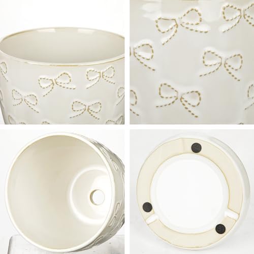 Hollyone 6 Inch White Ceramic Planter Flower Plant Pot with Drainage Hole and Saucer for Plants Embossed Indoor Outdoor Garden Embossed Ceramic Glazed Round Pot for Succulent Orchid Bow Pattern - Image 3