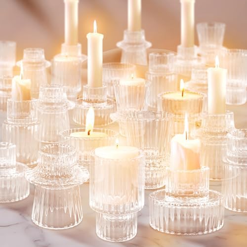 30 Pcs Glass Candlestick Holders Tealight Candle Holders, Double Side Taper Candle Holders for Dining Table Decor Birthday Centerpiece Wedding, Clear by %E2%80%8B%E2%80%8BPawCozy%E2%80%8B%E2%80%8B