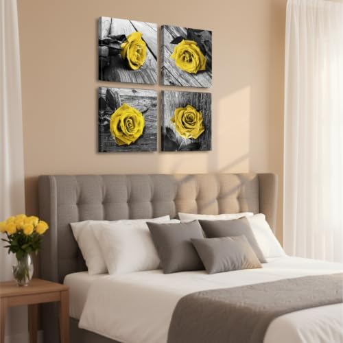 Yellow Rose Canvas Wall Art Decor, 4-Piece Rustic Floral Picture 12x12 Inch - Image 4