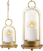 Hurricane Glass Candle Holders, Large & Medium Brass Lanterns Hurricane Candlestick Holder for Pillar Candles Vintage, Gold Metal Rustic Farmhouse Decor with Hook Chains by Lifesmoreorganizedtidyup