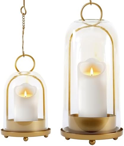 Hurricane Glass Candle Holders, Large & Medium Brass Lanterns Hurricane Candlestick Holder for Pillar Candles Vintage, Gold Metal Rustic Farmhouse Decor with Hook Chains by Lifesmoreorganizedtidyup