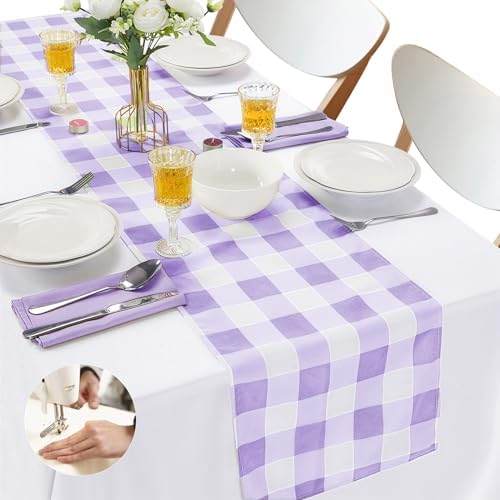 Cupuamon Fabric Checkered Table Runner 12 Pack Waterproof Gingham Table Runner 14W x 108L Buffalo Check Table Runners for Parties Kitchen Dining Wedding Banquet (Lavender and White) by Cupuamon