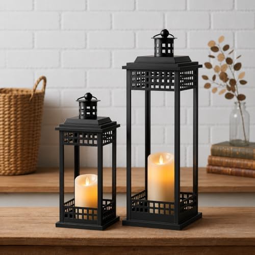 Decorative Candle Lanterns Set of 2, Black Metal for Indoor & Outdoor by Lanttu