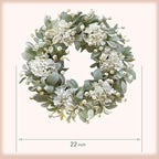 Idyllic 22 Inch Lambs Ears Leaves Everyday Wreath with Ivory Hydrangea and Cream Berries, Spring Summer Greenery Wreath with Burlap Ribbon Bow Knot for Doors, Rustic and Farmhouse Style Home Decor - Image 3