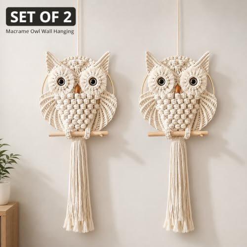 Bohemian Owl Macramé Wall Hanging Pack Of 2-12 x 23 Inch, Off White - Image 2