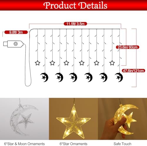 Lewondr 138 LEDs Star Moon String Curtain Lights, Warm Light - Image 6