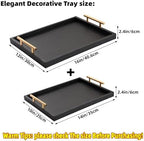 Modern Elegant Large Wood Serving Tray, Set of 2 Black Crocodile Leather with Gold Polished Metal Handles, Home Decorative Rectangle Ottoman Decor Platter Living Room Bathroom Vanity Tray - Image 2