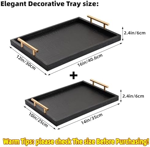 Modern Elegant Large Wood Serving Tray, Set of 2 Black Crocodile Leather with Gold Polished Metal Handles, Home Decorative Rectangle Ottoman Decor Platter Living Room Bathroom Vanity Tray - Image 2