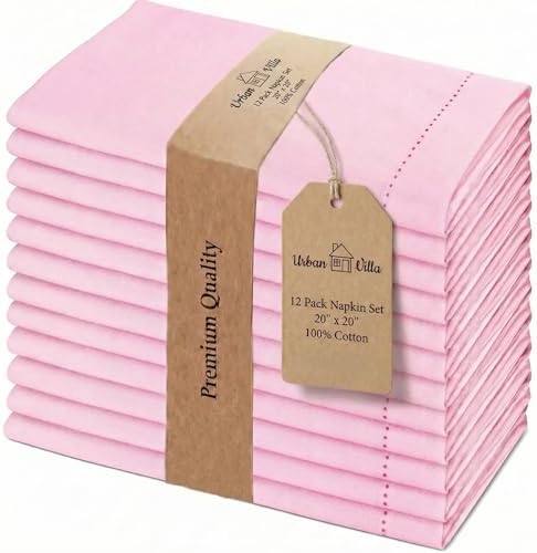 Urban Villa Hemstitch Cloth Dinner Napkins Cotton 20”x20” (Set of 12)-Pink by CottonTrends