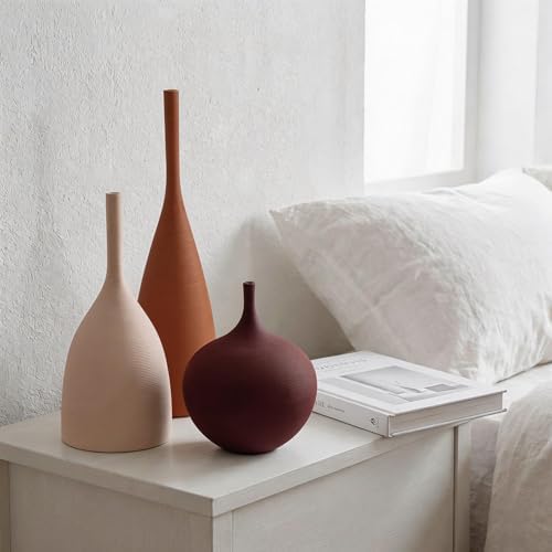 Relexome Ceramic Vase Set of 3 Neutral Vases Home Decor Modern Minimalist Decorative Vase Matte Ribbed Vases for Centerpieces Living Room Shelf Entryway Table Decor Brown - Image 4