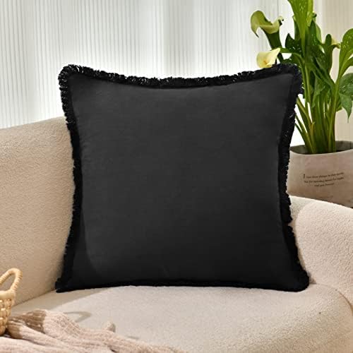 ZWJD Pillow Covers 22x22 Set of 2 Black Throw Pillow Covers with Fringe Chic Cotton Decorative Pillows Square Cushion Covers for Sofa Couch Bed Living Room Farmhouse Boho Decor - Image 2