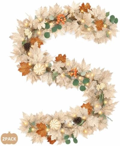 2 Pack 6 Ft Fall Leaves Garland Decor with Lights Pumpkins Pine Cone Berry - Image 6