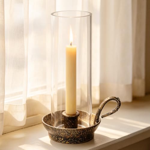 4" Wide Cast Iron Hurricane Candle Holder for Taper Candle in Antique Gold Finish, Candlestick Holder, Farmhouse,Shabby Chic for Mantels, Dining Tables, Bookshelves, Centerpieces, Entryways - Image 4