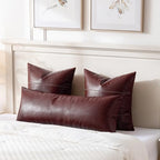 Fancy Homi Burgundy Boho Long Lumbar Faux Leather Body Decorative Throw Pillow Cover 14x36 Inch for Bed Couch Sofa Bench, Thick Stylish Solid Wine Red Pillowcase, Rustic Modern Farmhouse Room Decor - Image 2