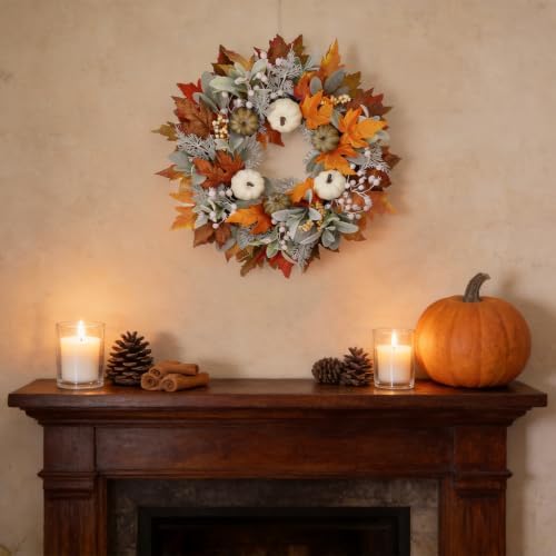 Artificial Fall Wreath 22 Inch Fall Wreaths for Front Door with White Pumpkins Oeange Maple Leaves Lamb's Ear and Berries Autumn Wreath Thanksgiving Harvest Wreath for Festival Wall Porch - Image 6