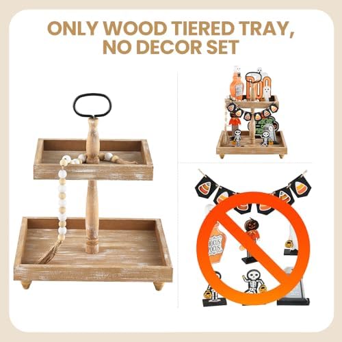 Tiered Tray Stand, Rustic Wooden 2 Tier Decorative Tray with Bead Garland, Farmhouse Square Wood Serving Tray Counter Centerpiece for Coffee Bar Home Decor Thanksgiving Housewarming Gifts (Brown) - Image 5