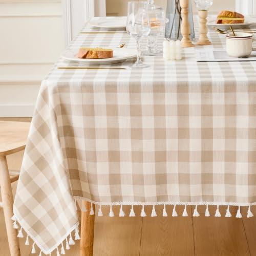JIALE Gingham Tablecloth Rectangle Cotton Linen Fabric Checkered Table Cloth with Tassel Washable Wrinkle Free Buffalo Plaid Table Cover for Outdoor Party Picnic Kitchen Dining, Beige, 55x120 by JIALE
