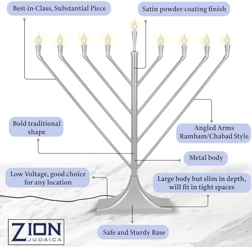 Large 23" Rambam Angled Electric Menorah with Flame Shaped Bulbs Traditional V-Shaped USB Display Electronic Hanukkah Minorah Includes 10 E10 Bulbs Chanukah Decorations By Zion Judaica (Satin Silver) - Image 6