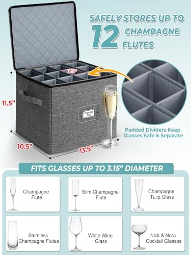 Cirhy Hard Shell Champagne Glass Storage Box with Dividers, 2-Pack, Grey - Image 2