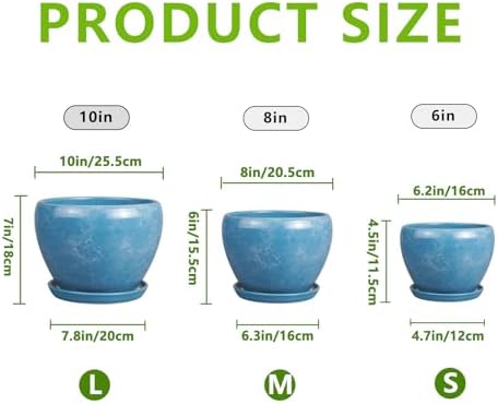 Ceramic Plant Pots, 10+8+6 Inch Ceramic Planters Indoor, Blue - Image 3