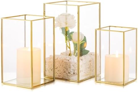 Glass Hurricane Candle Holder: 3 Pcs Gold Large Rectangular Hurricane Candleholder Lantern Centerpieces for Tables Glass Decorative Lantern Candle Holder for Wedding Christmas Home Decor by CreatedforWeddingsandHome