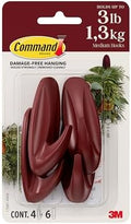 Command Medium Designer Hooks, Mulled Wine Red, 4 Hooks, 6 Strips, Damage-Free Hanging with Adhesive, No Tools Great for Hanging Home Decor, Holds up to 1.3kg by Command