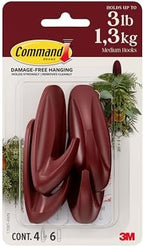 Command Medium Designer Hooks, Mulled Wine Red, 4 Hooks, 6 Strips, Damage-Free Hanging with Adhesive, No Tools Great for Hanging Home Decor, Holds up to 1.3kg by Command