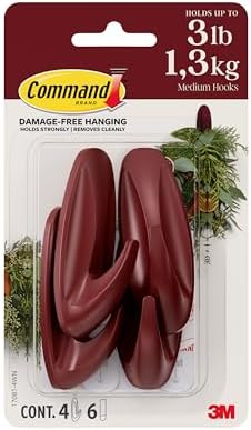 Command Medium Designer Hooks, Mulled Wine Red, 4 Hooks, 6 Strips, Damage-Free Hanging with Adhesive, No Tools Great for Hanging Home Decor, Holds up to 1.3kg by Command