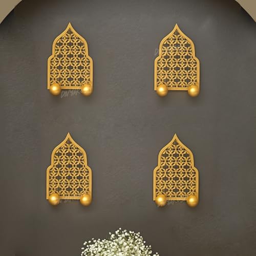 Divyakosh Wall Mounted Tealight Candle Holder (Set of 4) – Gold Iron Jharokha Design Wall Hanging T-Light Holders for Home Decor, Diwali Decoration, Pooja Room, Festive Wall Art by Divyakosh