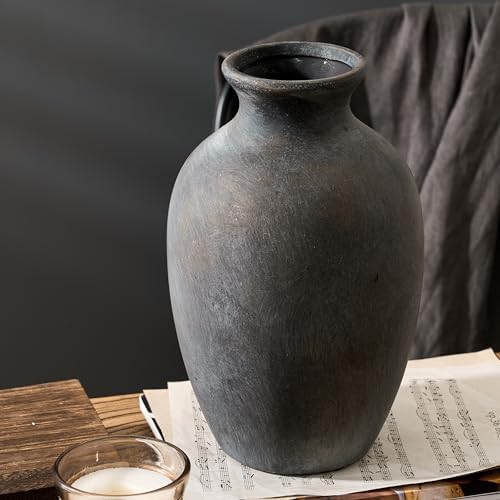Large Ceramic Rustic Flower Vase, 10.43 Inch Tall Vintage Pottery Home Decor, Farmhouse Terracotta Vase for Living Room, Table, Shelf, Mantel Decoration, Farmhouse - Black Bronze by PORCER
