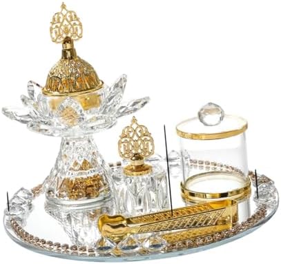 Generic Glass Incense Burner 5-Pieces Set Ramadan Decoration with Tray Storage Jar and Tongs Censer Arabian Incense Holder,Attractive Gold Incense Burner Set for Yoga SPA Desk Decor by Unknown