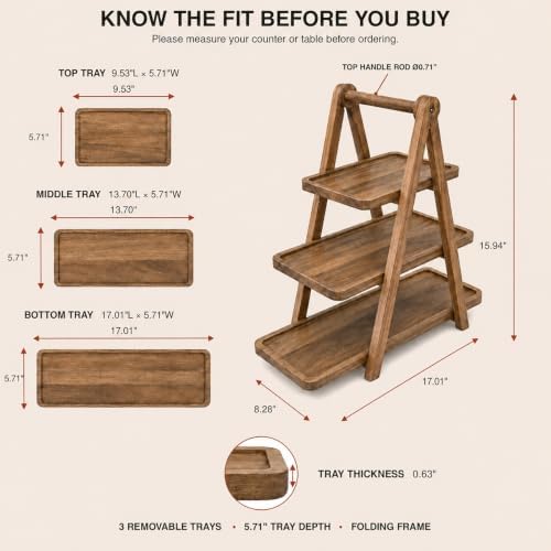 Acacia Wood 3 Tier Foldable Serving Tray, Farmhouse Tiered Display Stand for Charcuterie, Cheese, Desserts & Snacks, Wooden Organizer for Kitchen Counter, Coffee Bar and Party Entertaining - Image 2