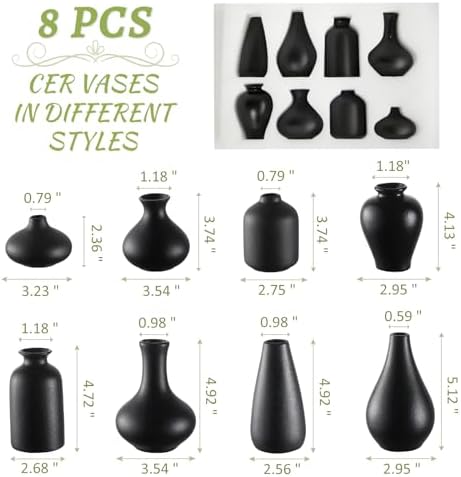 Small Black Vases Set of 8 - Mini Ceramic Bud Vases for Flowers - Image 2